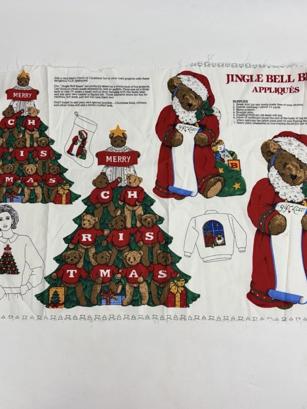 VIP Fabric Panel Jingle Bell Bear Applique Cranston Christmas Cotton Vintage